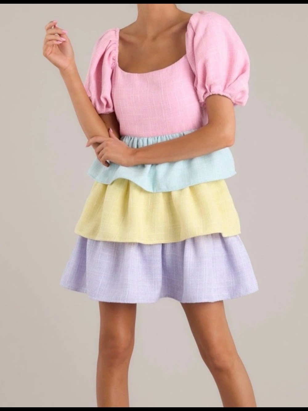 Peach Love California Pastel Tiered Puff-Sleeve Mini Dress - Pink Multi